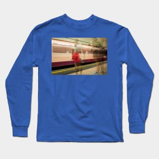 conceptual image people on underground platform as train arrives in motion blur. Long Sleeve T-Shirt